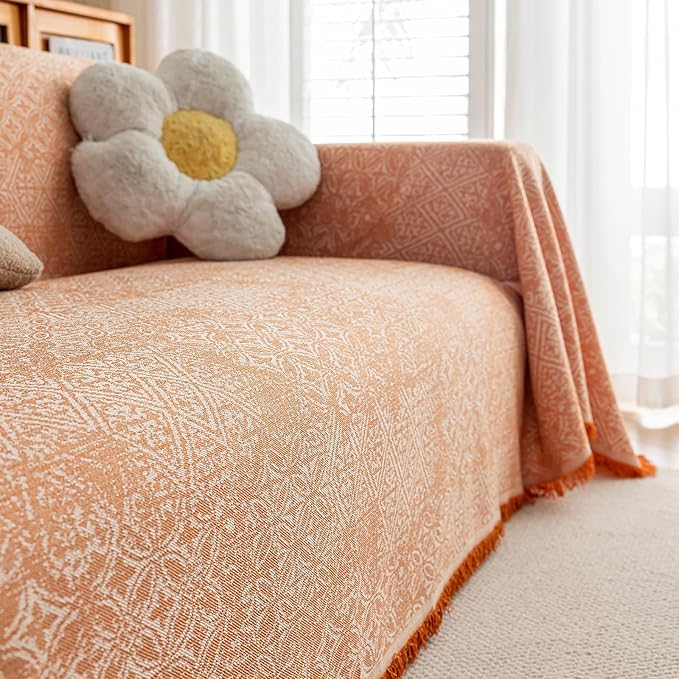 STACYPIK Boho Sofa Cover for Pets, Orange Geometric Couch Cover for 3 Cushion Sofa, Washable Dogs Protector for Living Room, Anti-Slip Sectional Covers for Loveseat with Tassel Throw Blanket-71X134IN