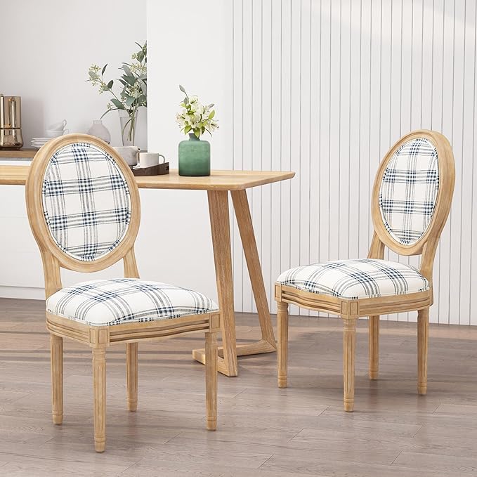 Christopher Knight Home Phinnaeus Dining Chair Set, Set of 2, Fabric, Dark Blue Plaid + Natural