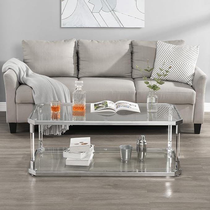 Glass Top Coffee Table, Sliver Rectangle Coffee Table Glass Top with 2 Tiers, Acrylic Leg, Chrome Frame, Modern Center Table for Living Room