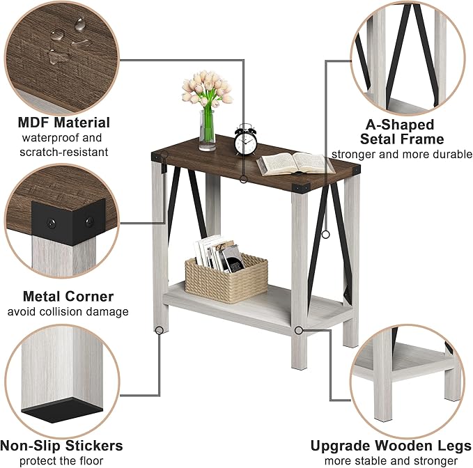 ChooChoo Farmhouse End Table for Small Spaces, Narrow Side End Table with Storage Shelf, Rustic A-Design Nightstand Sofa Table for Living Room, Bedroom (White & Brown)