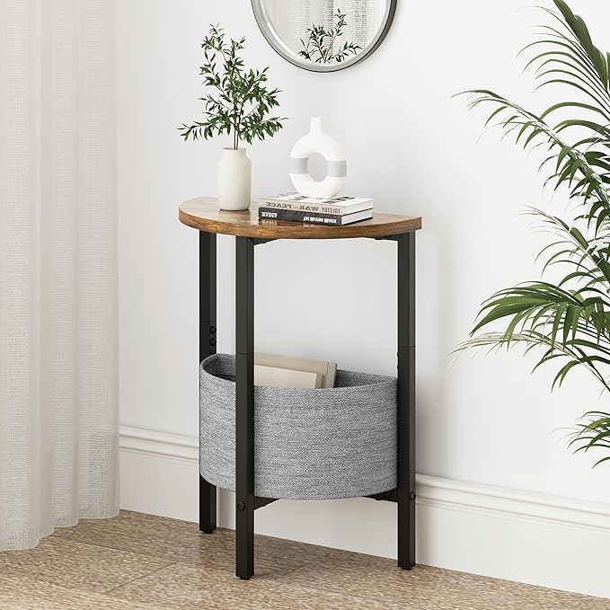 Vagusicc Small Round Side Table, Accent End Table with Storage Basket, Set of 2 Half Round Tables End Table, Coffee Bedside Table Half Moon Tables, Modern Nightstand for Living Room Bedroom, Brown