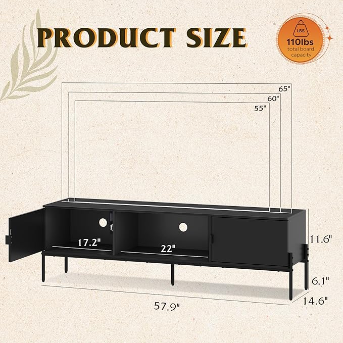 WLIVE Modern TV Stand for 65 Inch TV, Mid Century Entainment Center with Storage, TV Console with Open Shelf and 2 Cabinets for Bedroom and Living Room, TV Cabinet with Metal Legs, Black