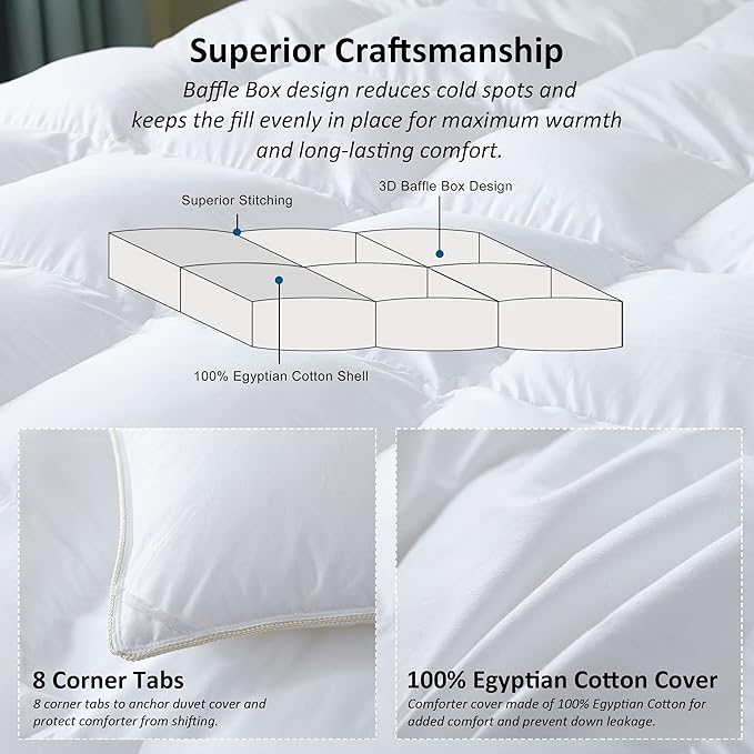 Luxurious Goose Down Feather Fiber Comforter Duvet Insert, Plain Solid Design,White 108 x 98 , Premium Baffle Box 100% Egyptian Cotton, 75 oz Fill Weight,Oversize Cal King