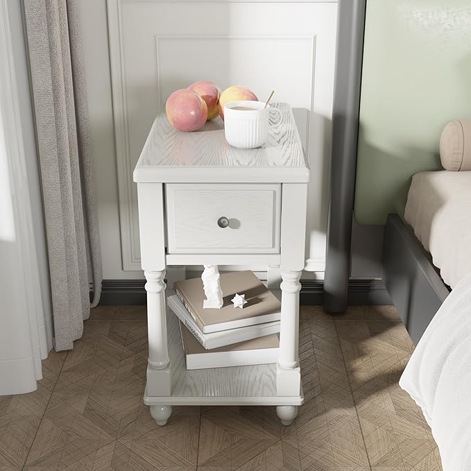 LEEMTORIG Set of 2 Solid Wood End Table Narrow Side Table with Drawer, Cherry Wood End Table Living Room, 13" W Slim Small Nightstand, 22" D x 22.3" H, No-Tools Assembly, Gray White BBJ-004-RW