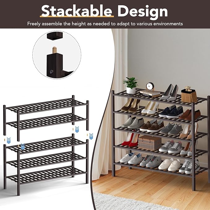 Haddockway Long 2 Tier Bamboo Shoe Rack Storage Organizer, Multifunctional Free Standing Stackable Shoe Shelf with Grid Panel for Closet,Hallway,Entryway,Small Space 34.2"x11"x13"(Brown, 2-Tier(Long))