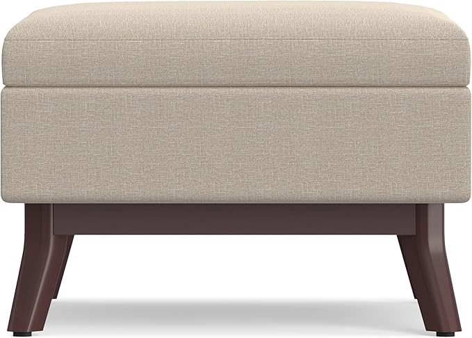 SIMPLIHOME Owen 34 inch Wide Mid Century Modern Rectangle Coffee Table Storage Ottoman in Natural Linen Look Fabric, Assembled, for the Living Room, Entryway and Family Room