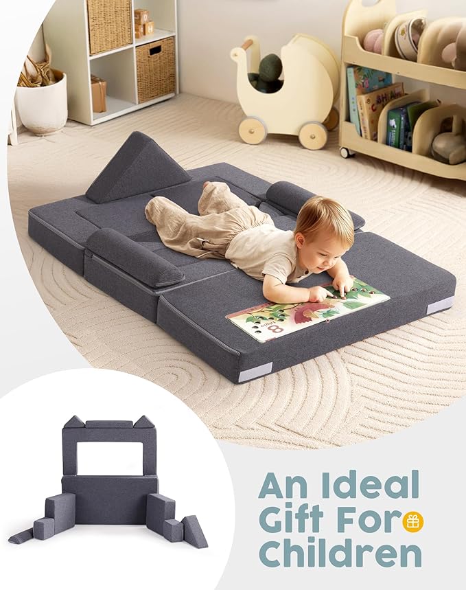 ROBUD Kids Couch, Gray Modular Kids Play Couch, DIY-Style & Washable Toddler Sofa for Playroom, Bedroom, Nursery, WG412