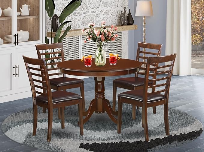 East West Furniture HLML5-MAH-LC 5 Piece Dining Table Set for 4 Includes a Round Kitchen Table with Pedestal and 4 Faux Leather Dining Room Chairs, 42x42 Inch, Mahogany