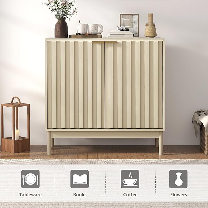 Fluted Cabinet with Storage, Buffet Cabinet Sideborad with Door, Kitchen Buffet Storage Accent Cabinets with Adjustable Shelves for Living Room, Entry, Hallway, Beige