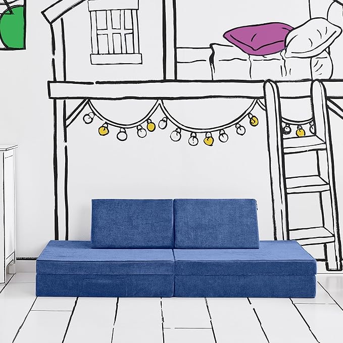 Yourigami Kids and Toddler Play Couch, Convertible Folding Sofa, Durable Foam Modular Design, Sapphire Caves XL