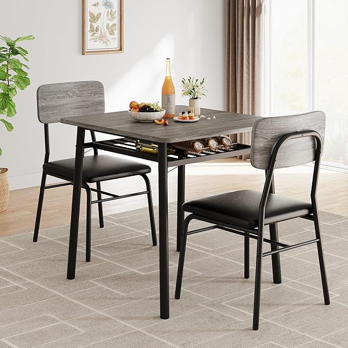 GAOMON 3-Piece Dining Table Set for 2, Wood Kitchen Table Set with Built-in Storage Rack,Small Kitchen Table with Upholstered Chairs and Metal Frame for Small Spaces，Gray