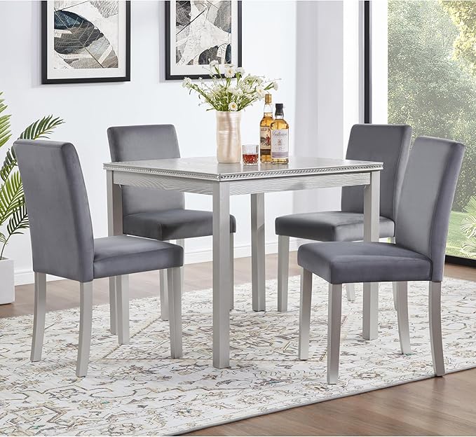 KEIKI 5-Piece Standard Height Dining Table Set with Square Table and 4 Upholstered Chair, for 4 Person, Classic Crystal Decoration Wood Table Set, Easy Assembly, for Kitchen, Dining Room, Silver Grey