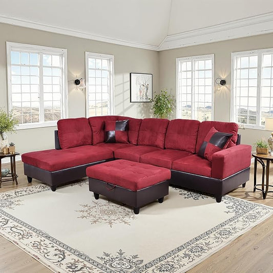 NicBex Sectional Couch 3 Pieces Sofa Set with Right Chaise Flannel PVC L Shaped Cloud Couch for Living Room Furniture Sets with Storage Ottoman, Modular Sofa for Living Room & Apartment, Red+Black