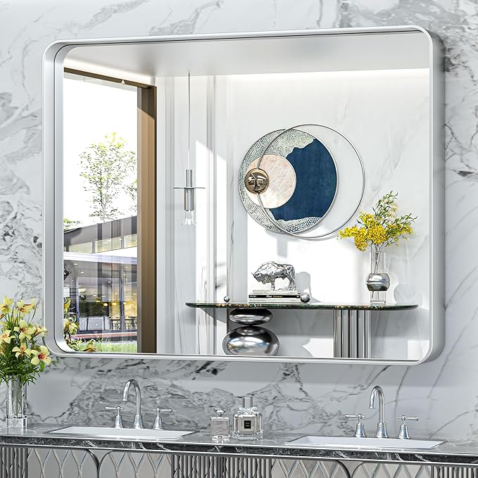 TokeShimi 48x40 Inch Brushed Silver Bathroom Mirror for Wall Metal Rounded Corner Rectangle Mirror Metal Frame Deep Set Design Hangs Horizontal Or Vertical