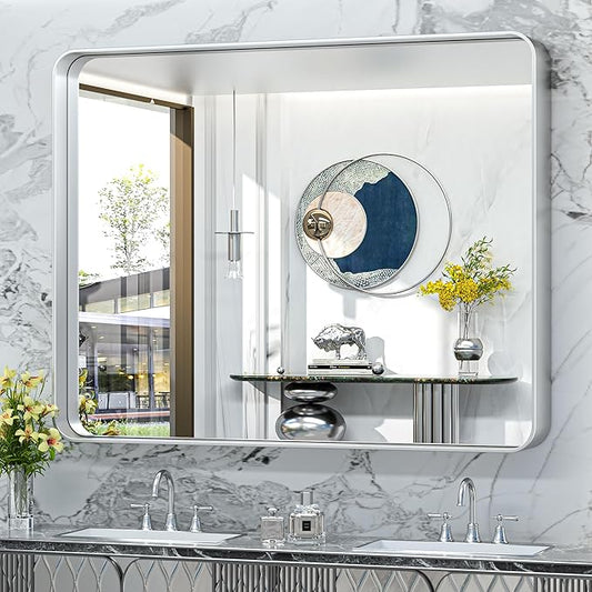 TokeShimi 48x40 Inch Brushed Silver Bathroom Mirror for Wall Metal Rounded Corner Rectangle Mirror Metal Frame Deep Set Design Hangs Horizontal Or Vertical