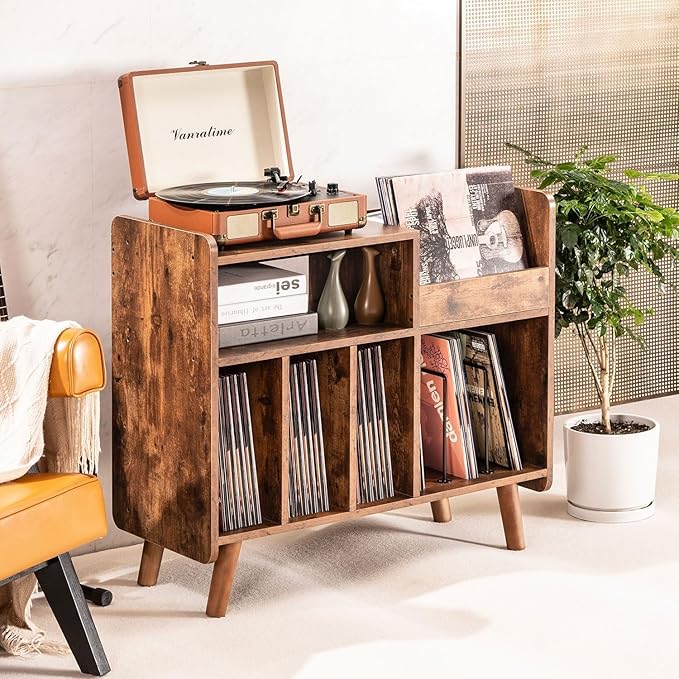 Record Player Stand, Large Record Player Table Cabinet with Open Vinyl Storage and Display Shelf Holds up to 350 Albums, Mid Century Wood Turntable for Living Room, Bedroom (Brown)