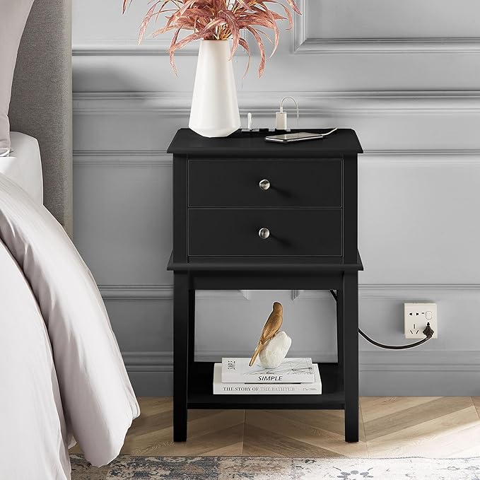 conifferism Black Nightstand, 28" Tall Bedroom Night Stand with Charging Station, Large Sofa Side Table 2 Drawers, Modern Bedside End Table with USB Ports Living Room