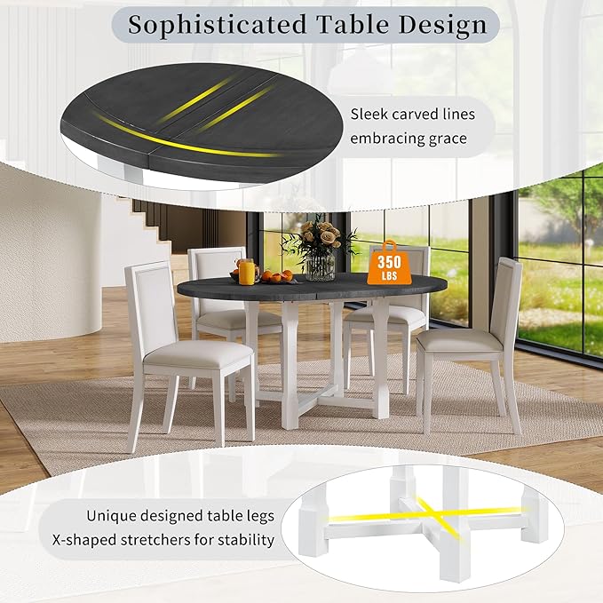 Merax 5-Piece Extendable Dining Table and 4 Upholstered Chairs, Round Oval Dining Table Set for 4, Wood MDF Kitchen Table Set with Removable Leaf for Dining Room, 42" to 58" (Grey+White)