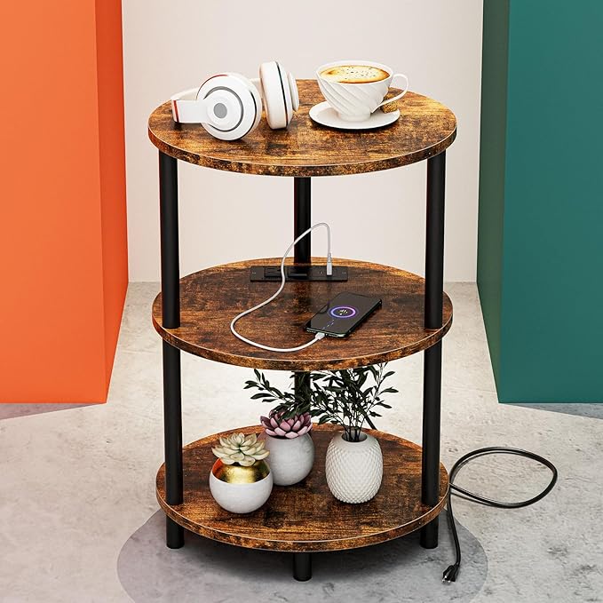 Small Round Side Table - 3-Tier Oval Accent Table for Small Spaces, Rustic Wood and Metal Nightstand for Living Room or Bedroom, with Built-in USB Ports and Power Outlet, Rustic Brown