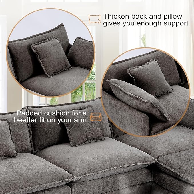 Furniliving Oversized Accent Chair with Ottoman, Luxury Chenille Single Sofa, Upholstered Deep Seat Chaise Lounge with Pillows for Living Room, Bedroom, Apartment, Grey