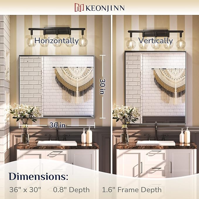 Keonjinn Black Bathroom Mirror 30 x 36 Inch, Metal Frame Black Mirror for Bathroom Sink, Rectangular Square Corner, Modern Farmhouse, Rectangle Vanity Mirror for Wall(Horizontal/Vertical)