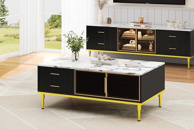 GAOMON Coffee Table for Living Room, Faux Marble Coffee Table with 4 Drawers and Glass Doors Storage, Modern Aesthetic Fluted Panel Design,Black & Gold