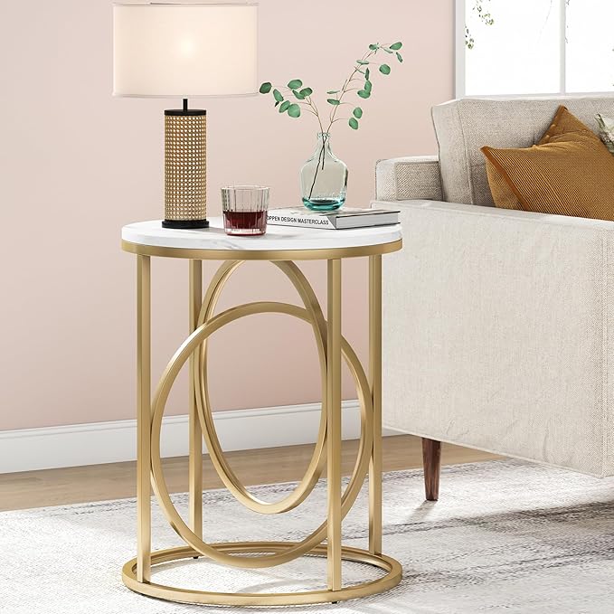 Tribesigns Round End Table for Living Room, Modern Marble Side Table with Gold Metal Frame, White and Gold Accent Table, 26-Inch Tall Narrow Nightstand for Bedroom