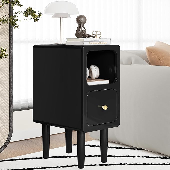 Narrow Nightstand, Solid Wood Night Stand with Drawers, Black Mid Century Modern Nightstand, Small Beside Table with Open Storage Shelf for Bedroom (10 inch)