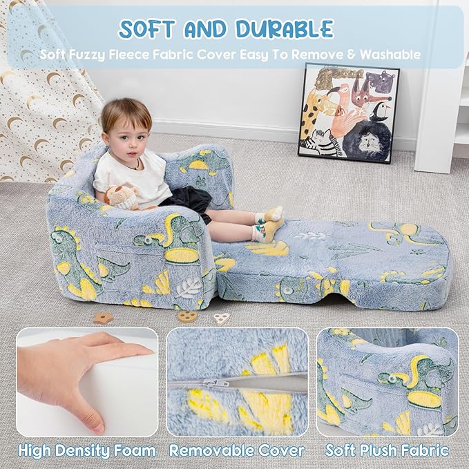 Comfy Toddler Chair and Couch for Kids with Blanket,2-in-1 Soft Plush Fold Out Toddler Couch for Girls and Boys,Convertible Sofa to Lounger for Playroom, Dinosaur
