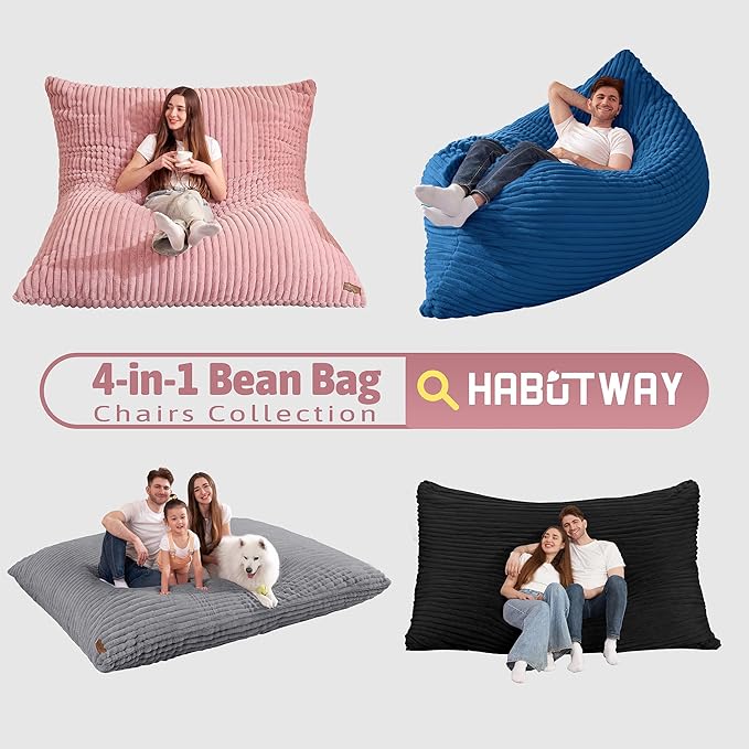 HABUTWAY 4-in-1 Bean Bag Chair, Convertible Chair with High-Density Memory Foam Filling & Machine Washable Cover, Giant Bean Bag Chair for Adults (Pink)