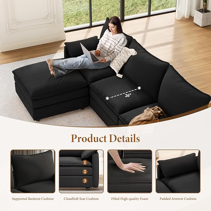 Vesgantti 142" Cloud Couch Sectional Modular Sofa, Comfy Sectional Couch with Ottoman Deep Seat Chenille L Shaped Sofa, Modular Couches for Living Room, Bedroom and Apartment, Black