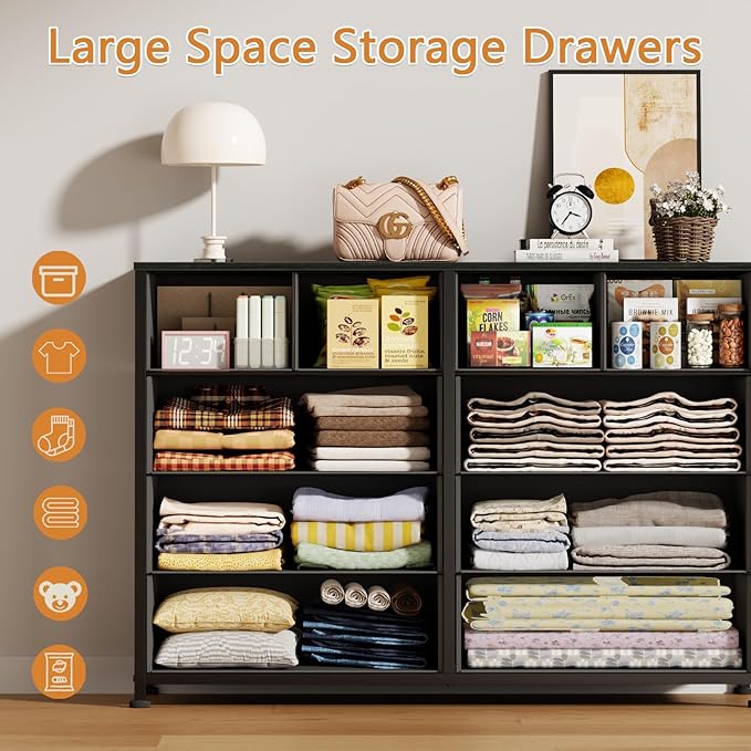 Furnulem Bedroom Dresser for 55”Long TV Stand Entertainment Center Dressers & Chests of Drawers,10 Storage Fabric Drawer, Sturdy Metal Frame Tall Storage Cabinet for Living Room, Entryway, Black Oak