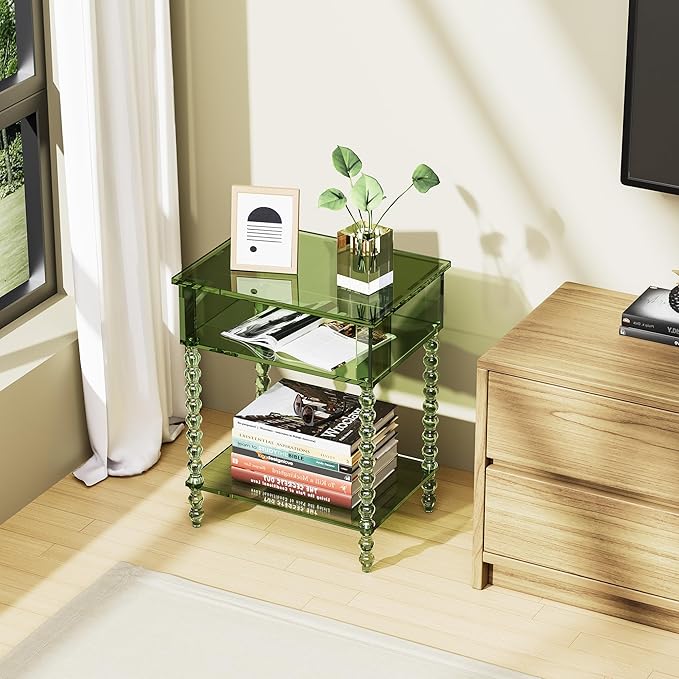 Acrylic Side Table, Clear 3-Tier End Table with Storage, Nightstand for Living Room, Bedroom, Office (Green, 11.8 ×15.7 × 19.7)
