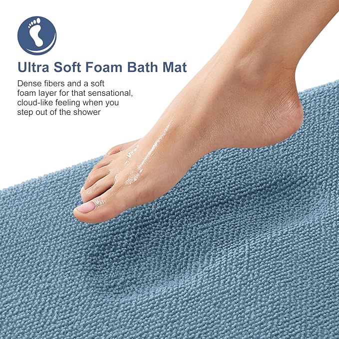 OLANLY Thick Memory Foam Bath Mat Rug 47x20, Extra Soft Absorbent Bathroom Rug, Quick Dry Bath Mats, Non-Slip, Machine Washable Carpet for Bathroom, Tub and Shower, Home Decor Accessories, Airy Blue