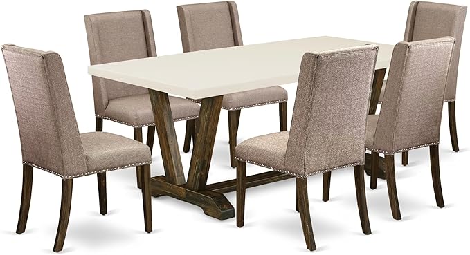 East West Furniture V727FL716-7 7 Piece Dining Room Table Set Consist of a Rectangle Kitchen Table with V-Legs and 6 Dark Khaki Linen Fabric Parson Dining Chairs, 40x72 Inch, Multi-Color