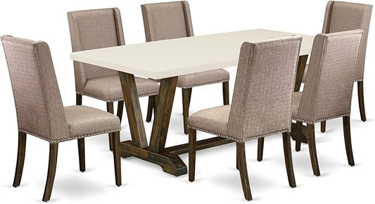 East West Furniture V727FL716-7 7 Piece Dining Room Table Set Consist of a Rectangle Kitchen Table with V-Legs and 6 Dark Khaki Linen Fabric Parson Dining Chairs, 40x72 Inch, Multi-Color