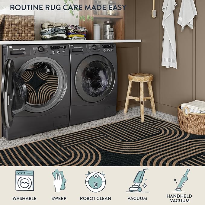 Lahome Modern Geometric Black Runner Rug, 2x8 Indoor Outdoor Hallway Kitchen Runner Rug with Rubber Backing, Farmhouse Washable Non Slip Non Shedding Floor Carpet for Bedroom Entry Patio