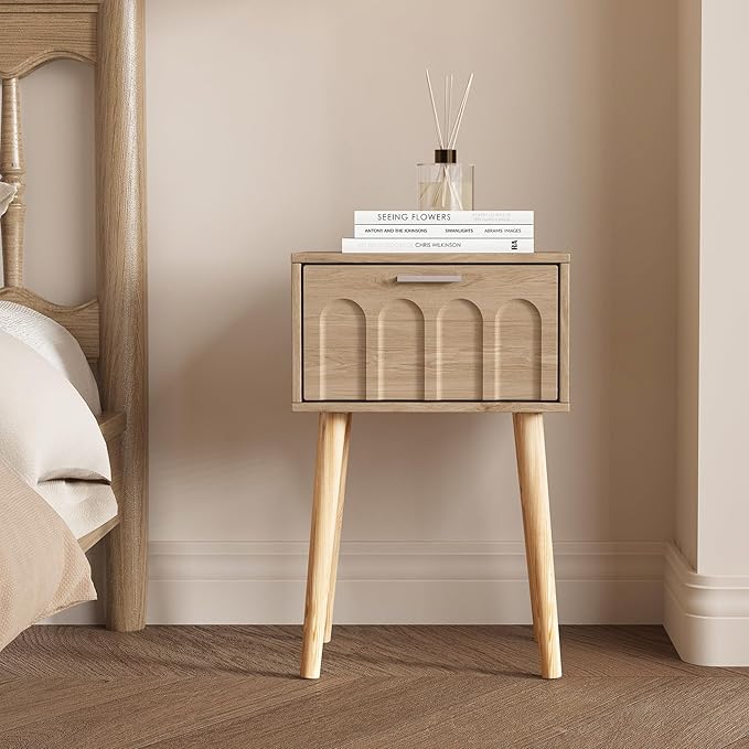 Nightstand Set of 2, Small Bed Side Table with Arch Door, Mid-Century End Table with Wood Legs for Bedroom, Small Space (Natural)