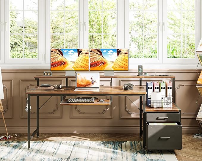 AODK Computer Desk with Drawers and Keyboard Tray, 63" Office Desk with Power Outlet, Reversible Study Work Desk with Printer Shelf and PC Stand for Home Office, Vintage