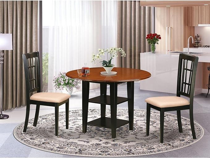 East West Furniture SUNI3-BCH-C 3 Piece Kitchen Table Set Contains a Round Dining Room Table with Dropleaf & Shelves and 2 Linen Fabric Upholstered Dining Chairs, 42x42 Inch, Black & Cherry