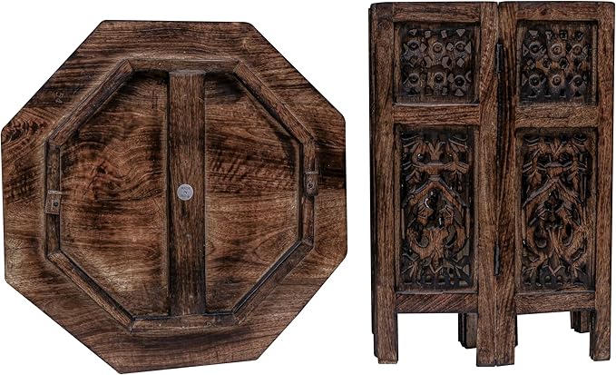 The Wooden Town End Tables for Living Room– Hand Carved Vintage Boho Folding Side Tables for Small Spaces, Entryway, Living Room, Bedroom – No Tools Assembly, 18"x18" Octagon, Scorch Burnt Finish
