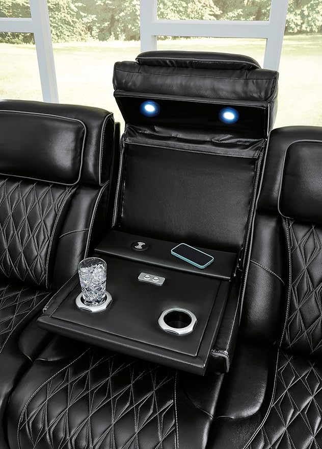 Signature Design by Ashley Boyington Contemporary Leather Match Power Reclining Sofa with Adjustable Headrest, Cup Holder, USB Charging Ports, Air Massage System and LED Lighting, Black