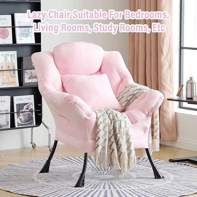 Lazy Chair with Pillow for Living Room, Modern Lounge Accent Chair with Armrests and a Throw Pillow, Leisure Sofa Chair Set, Reading Chair for Bedroom, Dorm Room, Office, Pink