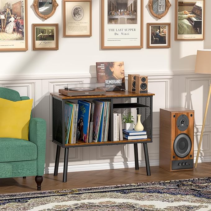 Record Player Stand with Adjustable Divider, Vinyl Storage Holder Up to 200 Albums, Mid-Century Large Record Player Table, Vinyl Holder Turntable Stand End Table Storage Rack for Bedroom & Living Room