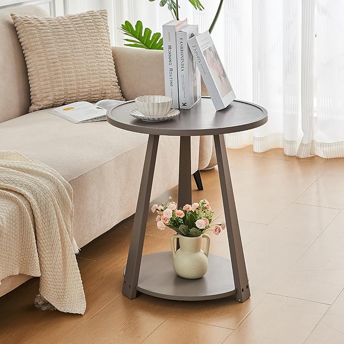 CozyDH Round End Table, Wooden Narrow/Little Coffee/Sofa/Couch SideTable with Lower Shelf for Living Room Bedroom, Solid Wood Bedside Nightstand, Gray