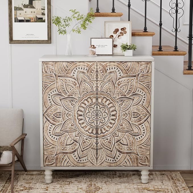 COSIEST 32" W Sideboard Buffet Cabinet with Storage, Accent Cabinet with 2 Push-to-Open Magnetic Doors, Vintage MDF Buffet Table for Living Room, Kitchen, Hallway (Gray,Lotus Pattern)
