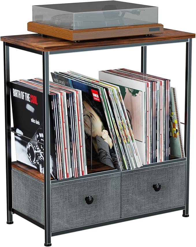 Record Player Stand with Vinyl Storage, 2-Tier Record Shelf Table with Fabric Drawer, Holds Up to 110 Vinyl Records, Record Player Table for Turntable and Albums, 23.62"D × 11.81" W× 25.59"H