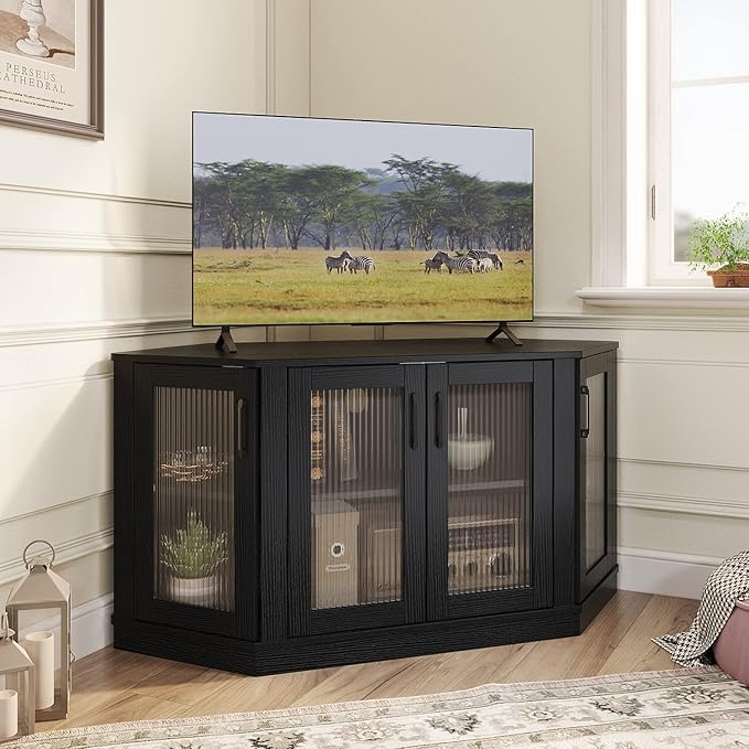 Panana Corner TV Stand - 47 Inch Media Console with 4 Doors and Shelves, Living Room Storage Entertainment Center for TVs up to 51 Inch (Black)