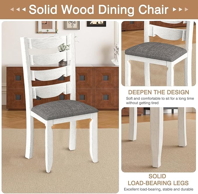 7-Piece Solid Wood Dining Table Set with 6 Upholstered Chairs - Easy Assembly Modern Design for Kitchen & Small Spaces, Durable Wooden Table and Chairs for Dining Room, Kitchen, Light Grey