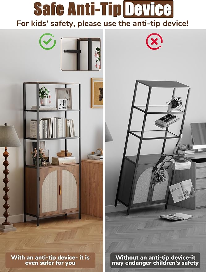 5 Tier Rattan Bookcase with Light 71" Tall Boho Bookshelf with Doors Large Bookcase with Adjustable Shelf Farmhouse Storage Cabinet Bookshelves for Living Room Bedroom Home Office Kitchen